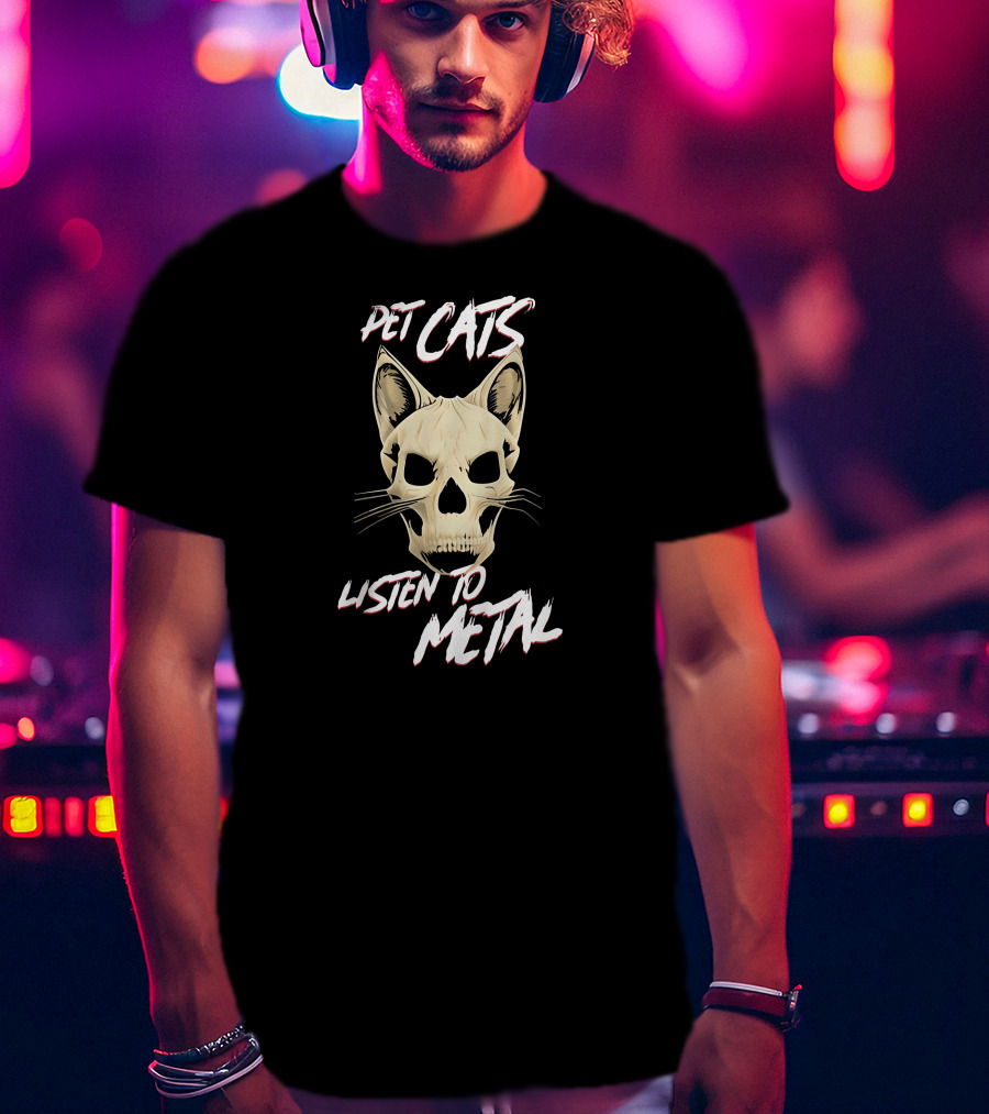 Pet Cats Listen To Metal Skull Headcat T-Shirt