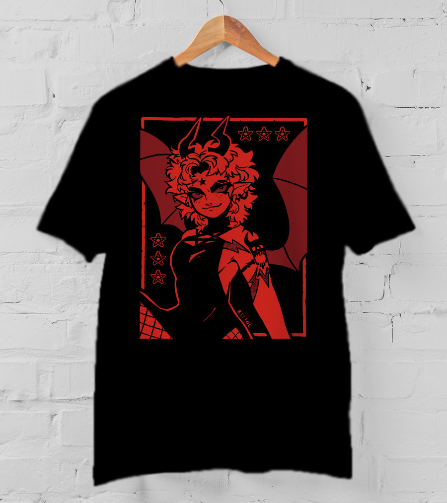 He's Satanic Red Devil Horned Figure With Bat Wings And Stars By Bitol T-Shirt