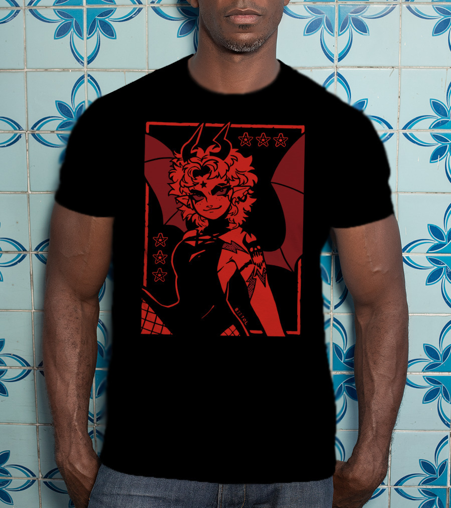 He's Satanic Red Devil Horned Figure With Bat Wings And Stars By Bitol T-Shirt