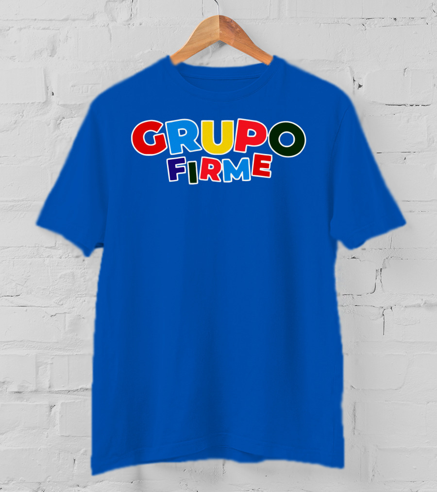 GRUPO FIRME Merch Bold Colorful Text On Blue T-Shirt