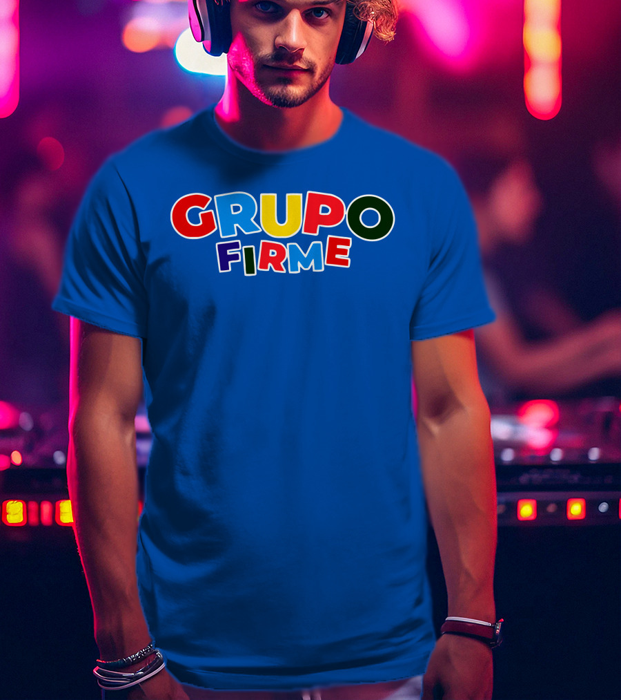GRUPO FIRME Merch Bold Colorful Text On Blue T-Shirt