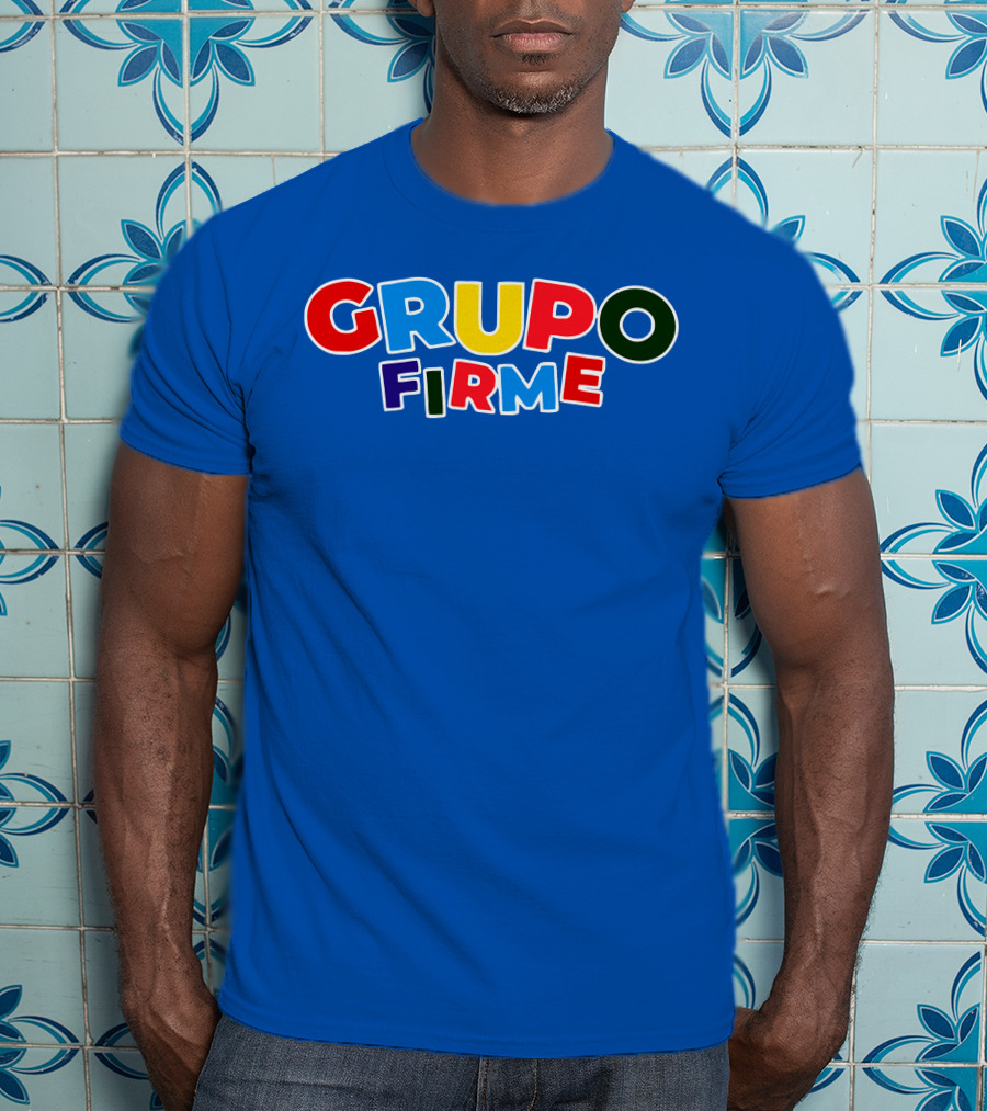 GRUPO FIRME Merch Bold Colorful Text On Blue T-Shirt