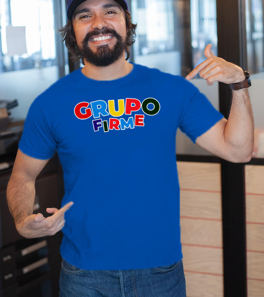 GRUPO FIRME Merch Bold Colorful Text On Blue T-Shirt