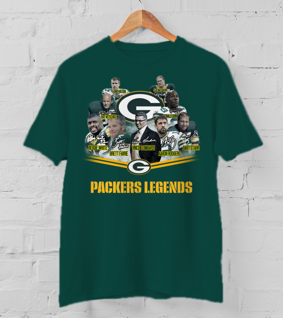 Packers Legends Vince Lombardi Reggie White Brett Favre Aaron Rodgers Ray Nitschke Bart Starr Curly Lambeau Paul Hornung T-Shirt