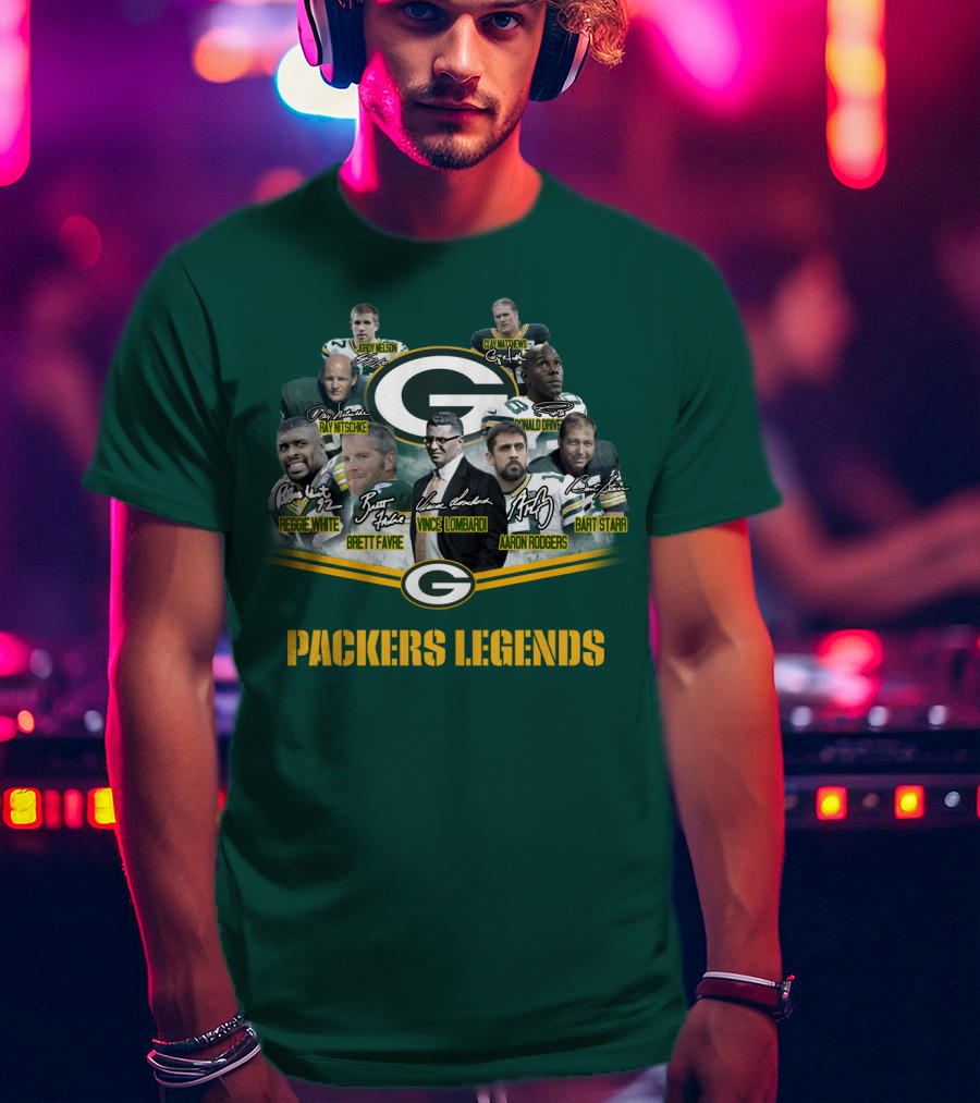 Packers Legends Vince Lombardi Reggie White Brett Favre Aaron Rodgers Ray Nitschke Bart Starr Curly Lambeau Paul Hornung T-Shirt