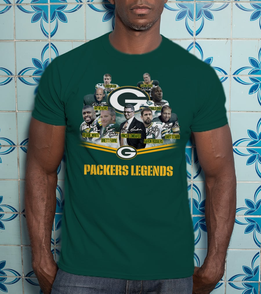 Packers Legends Vince Lombardi Reggie White Brett Favre Aaron Rodgers Ray Nitschke Bart Starr Curly Lambeau Paul Hornung T-Shirt