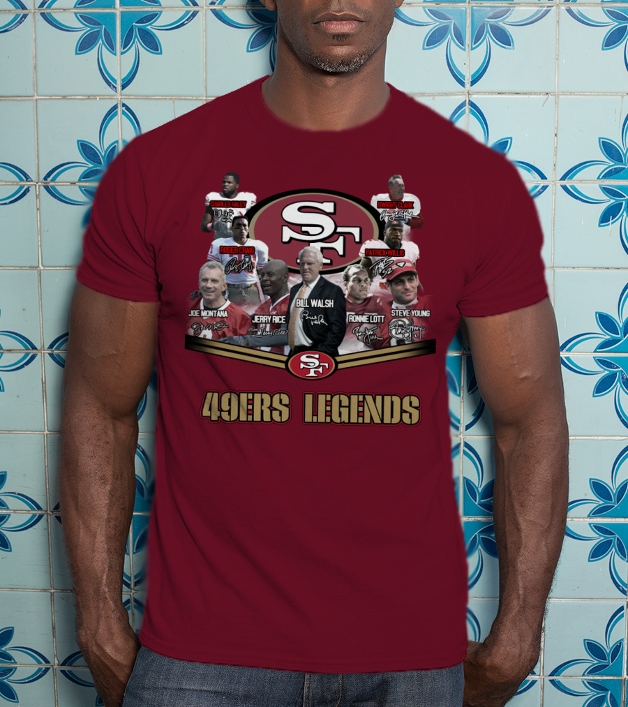 49ers Legends Joe Montana Jerry Rice Ronnie Lott Steve Young Charles Haley Roger Craig Dwight Clark Patrick Willis Bill Walsh T-Shirt