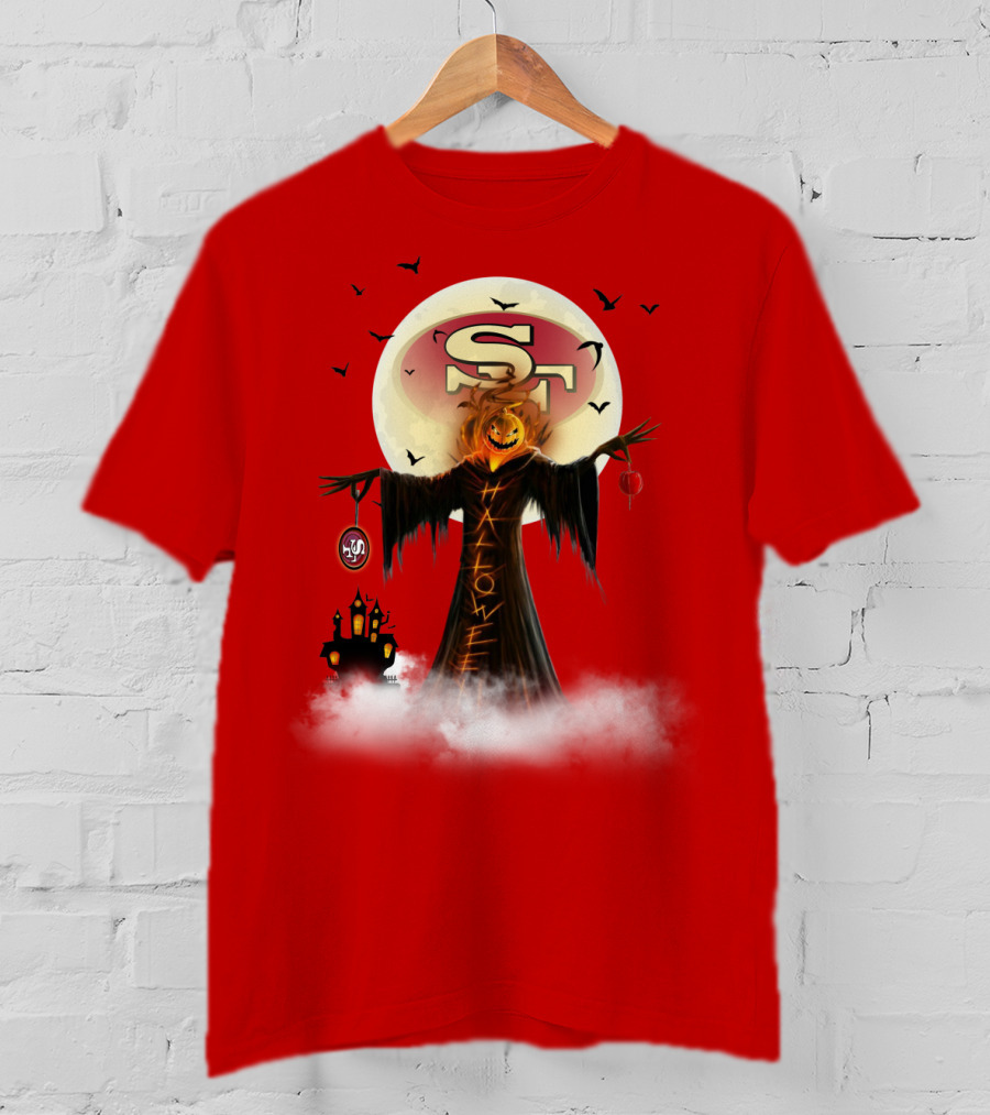 Halloween Scarecrow With Sf Logo And Haunted Castle T-Shirt