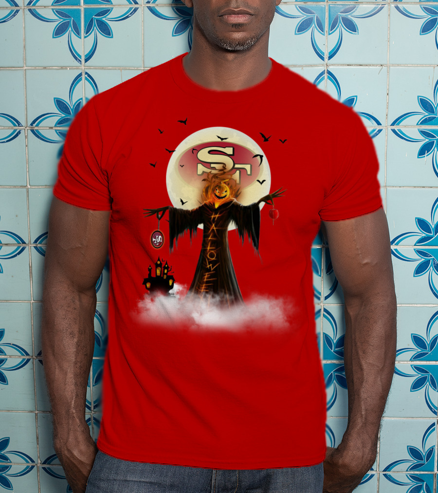 Halloween Scarecrow With Sf Logo And Haunted Castle T-Shirt