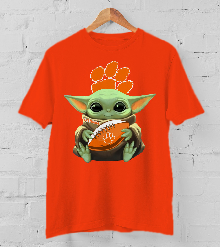 Clemson Orange Paw Baby Yoda Football T-Shirt