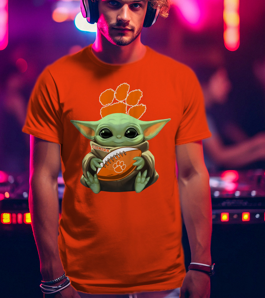 Clemson Orange Paw Baby Yoda Football T-Shirt