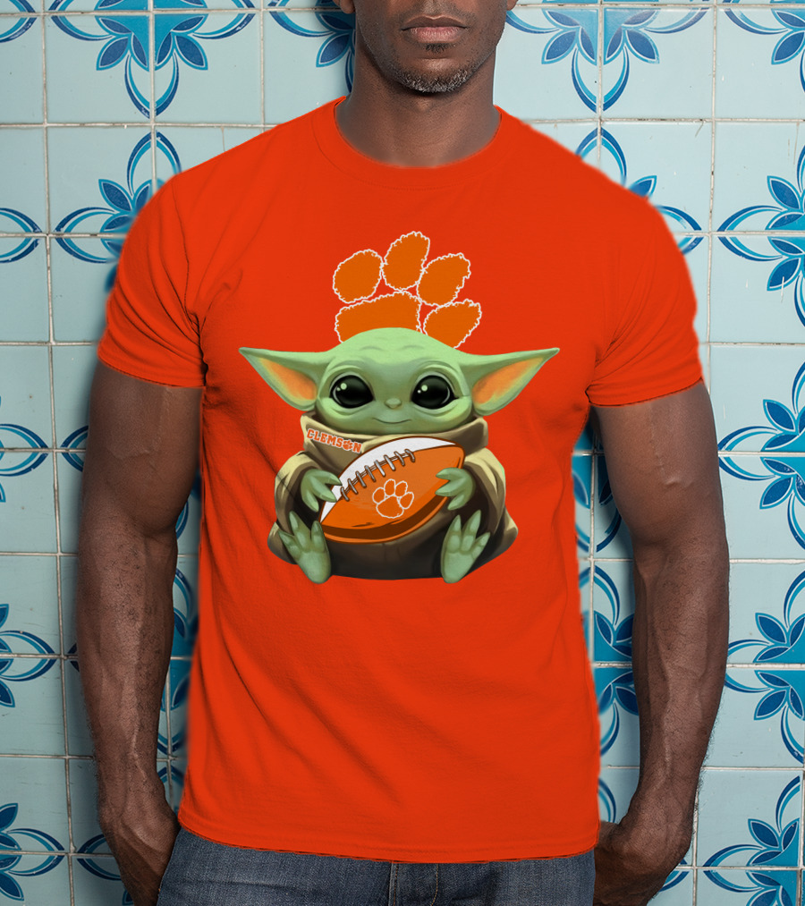 Clemson Orange Paw Baby Yoda Football T-Shirt