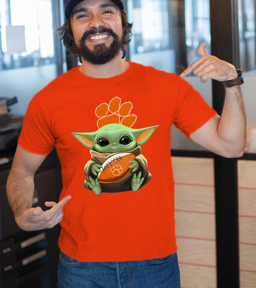 Clemson Orange Paw Baby Yoda Football T-Shirt