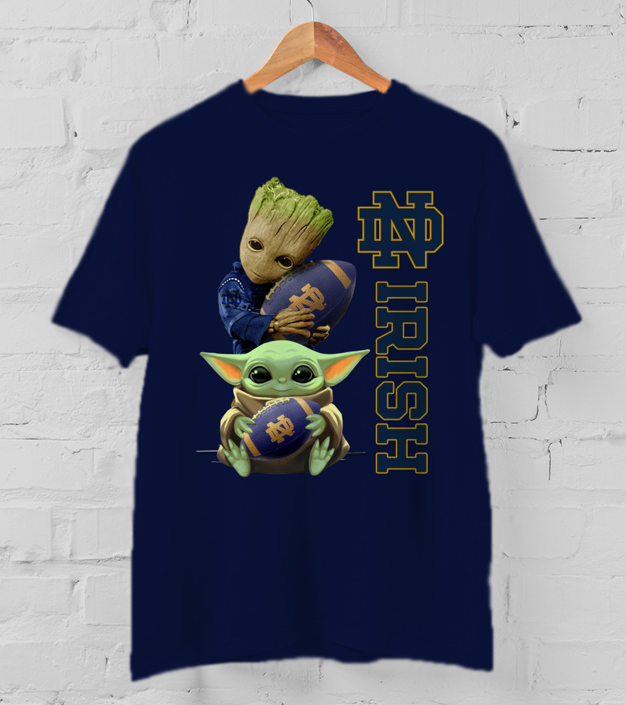 Notre Dame Irish Baby Groot And Baby Yoda Football T-Shirt