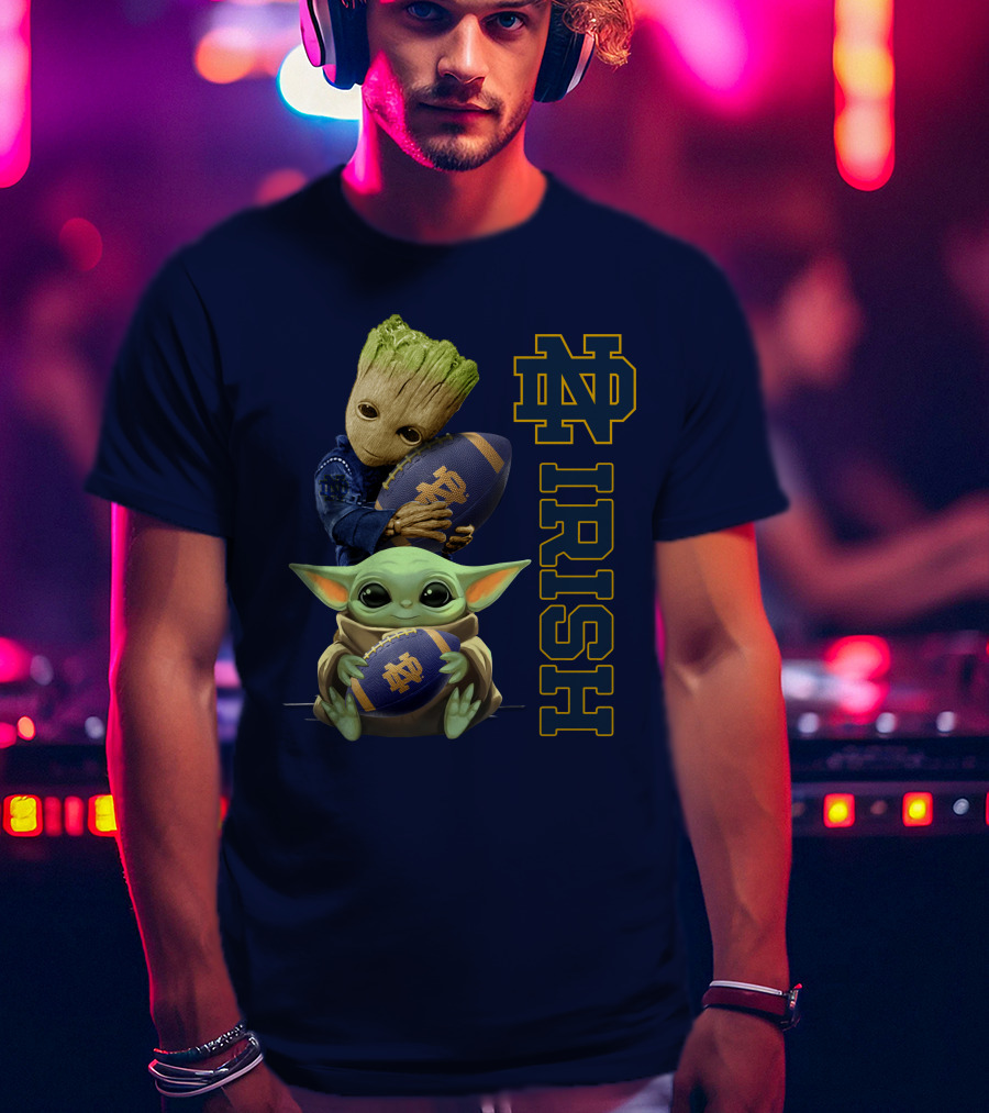 Notre Dame Irish Baby Groot And Baby Yoda Football T-Shirt