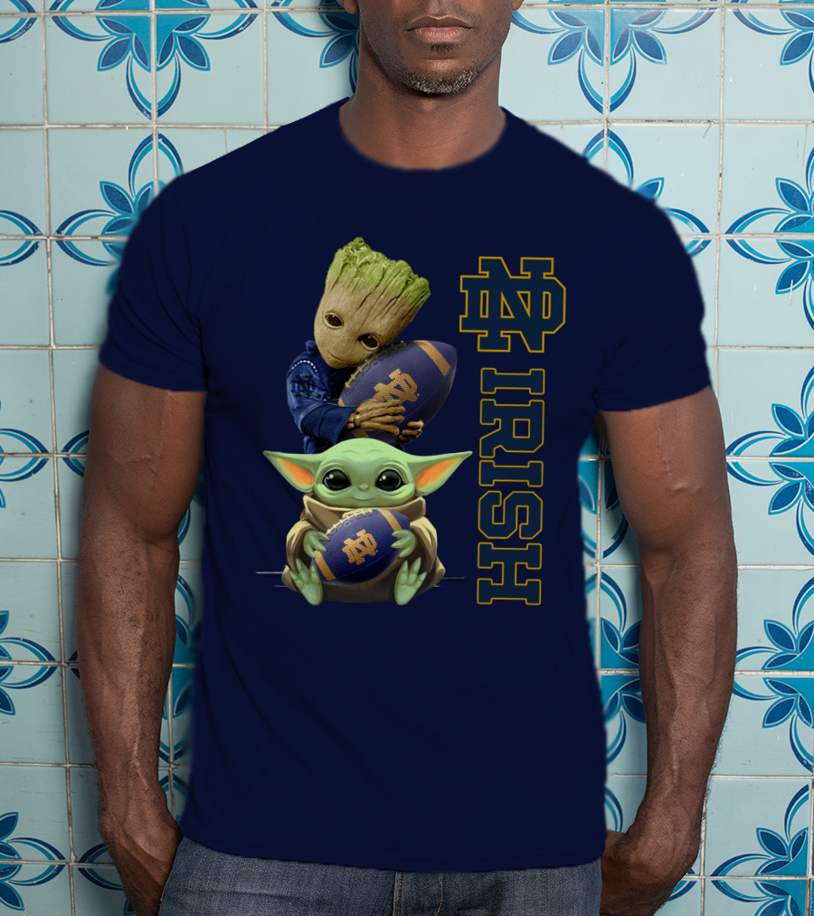 Notre Dame Irish Baby Groot And Baby Yoda Football T-Shirt