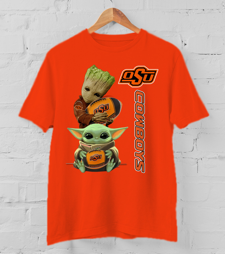Osu Cowboys Groot And Baby Yoda Hugging Football T-Shirt