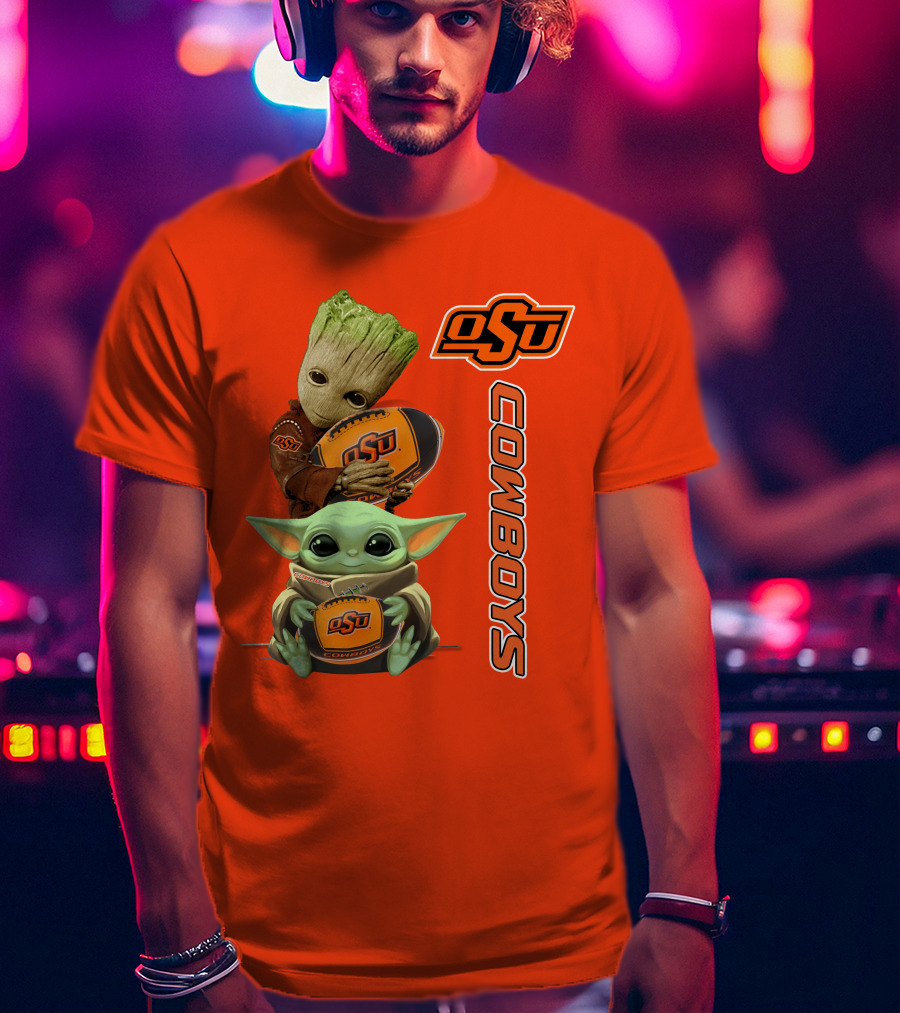 Osu Cowboys Groot And Baby Yoda Hugging Football T-Shirt
