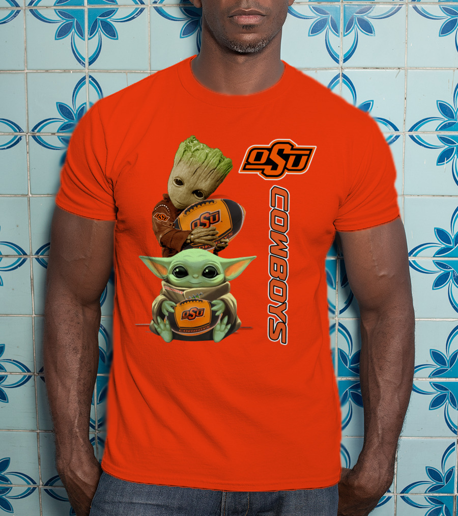 Osu Cowboys Groot And Baby Yoda Hugging Football T-Shirt