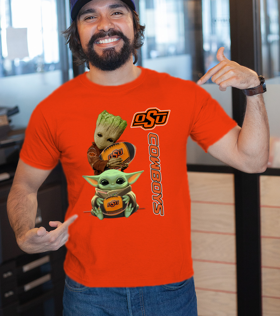 Osu Cowboys Groot And Baby Yoda Hugging Football T-Shirt