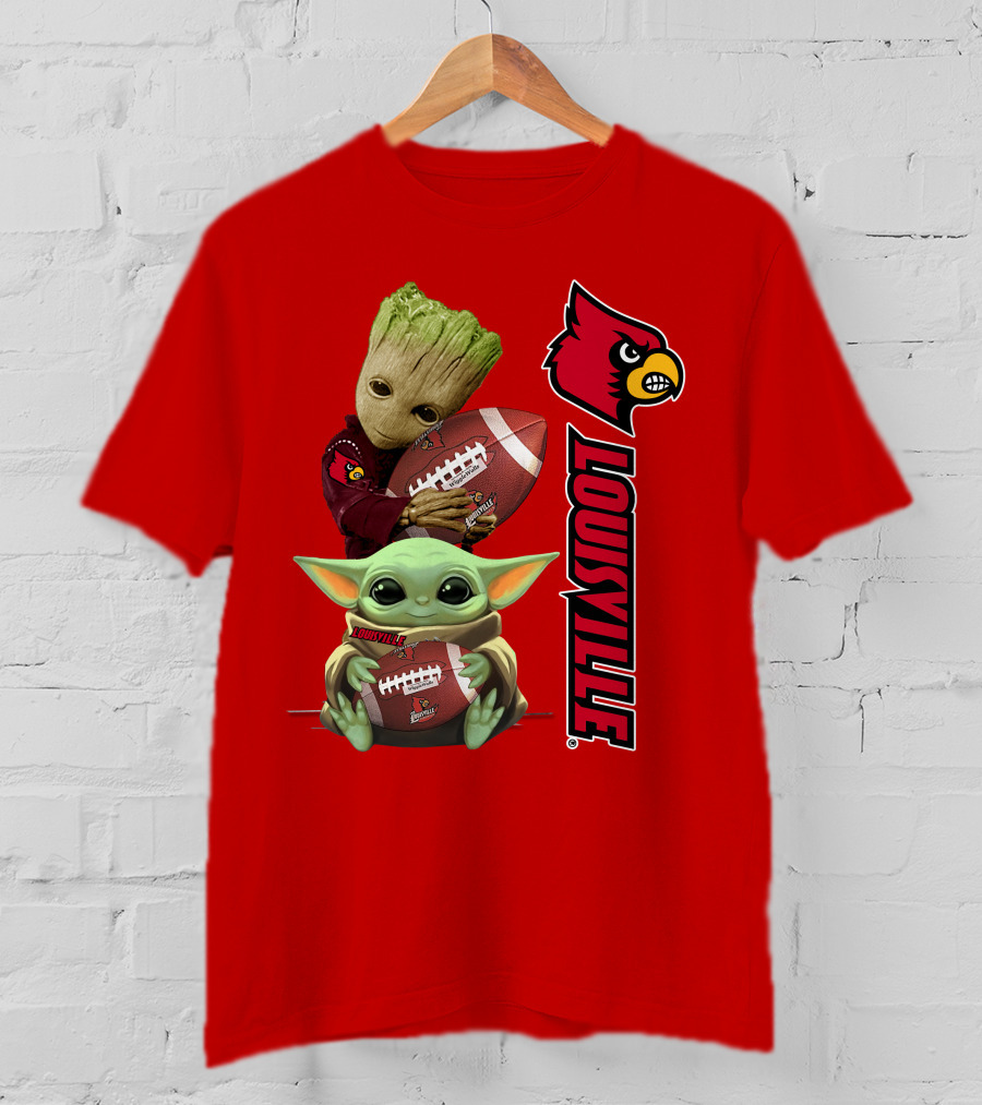 Groot Baby Yoda Holding Football Louisville Cardinals T-Shirt