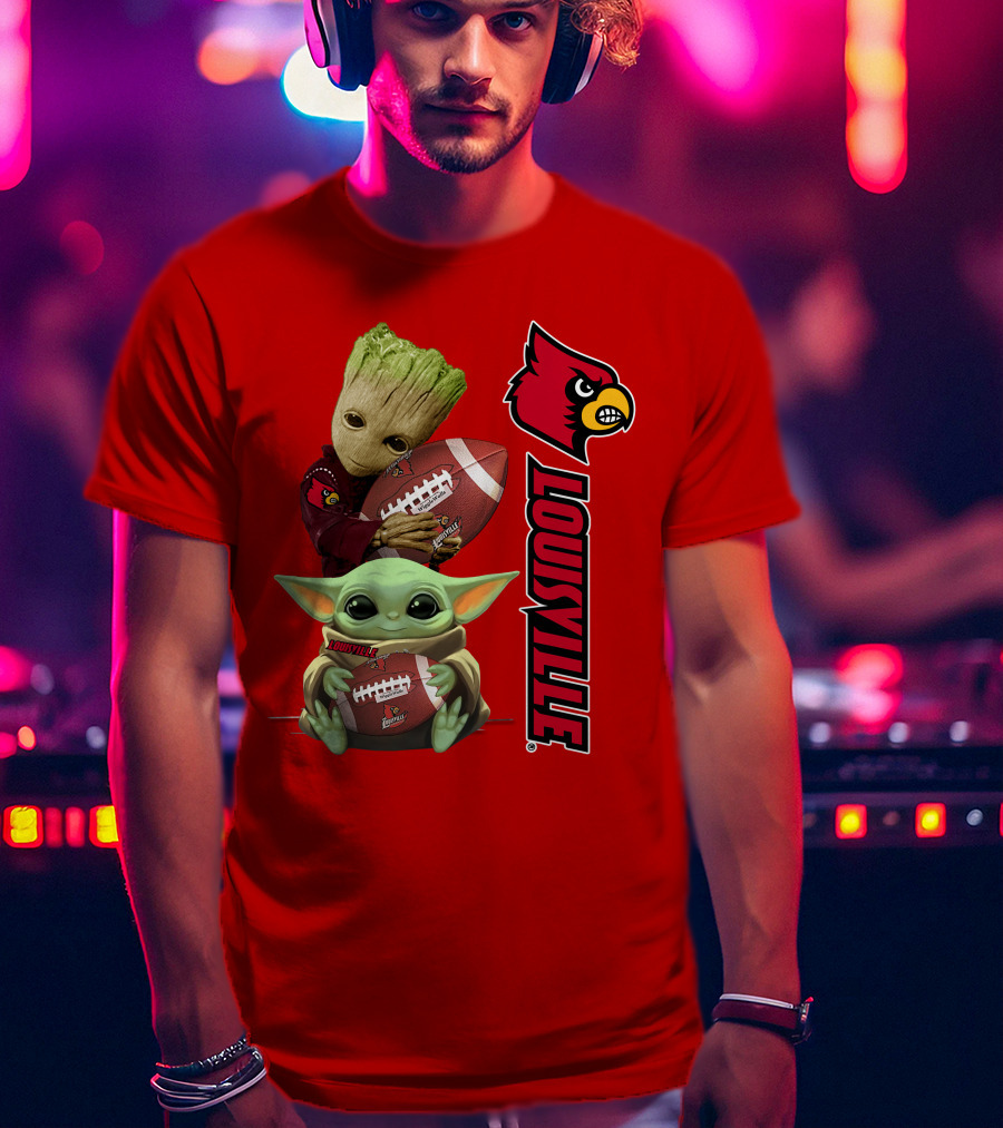 Groot Baby Yoda Holding Football Louisville Cardinals T-Shirt