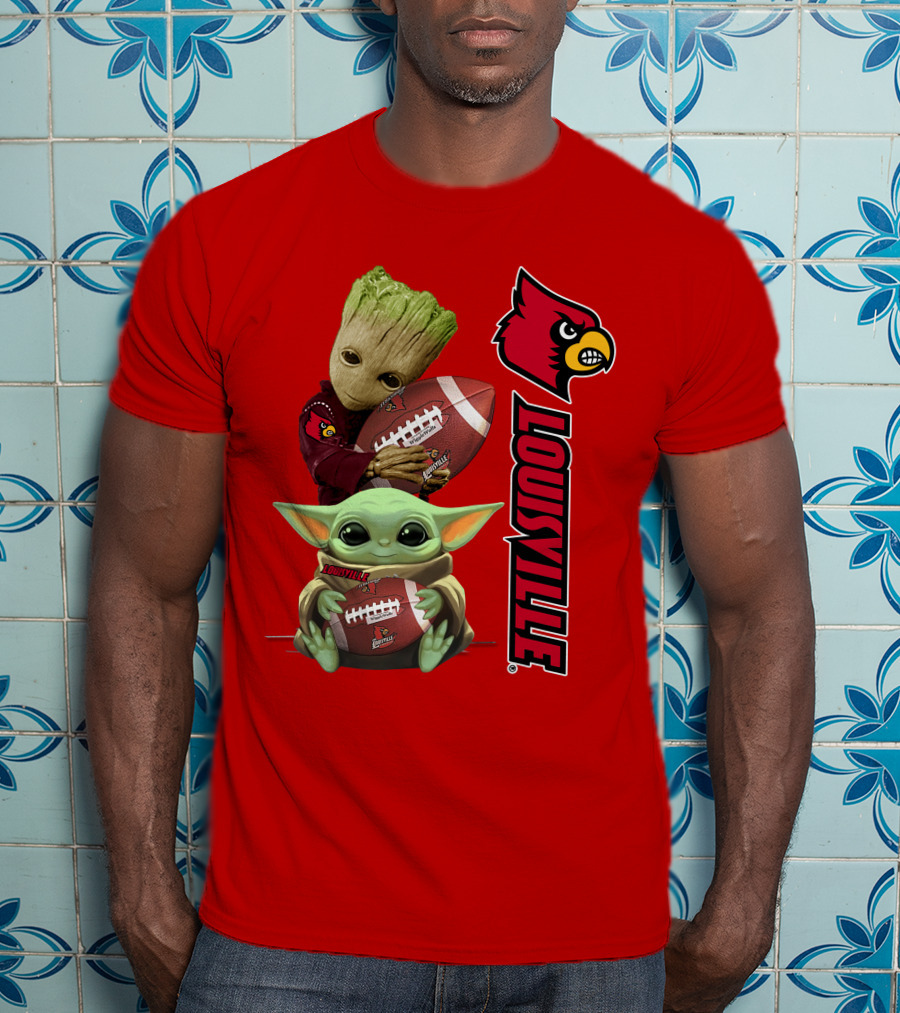 Groot Baby Yoda Holding Football Louisville Cardinals T-Shirt