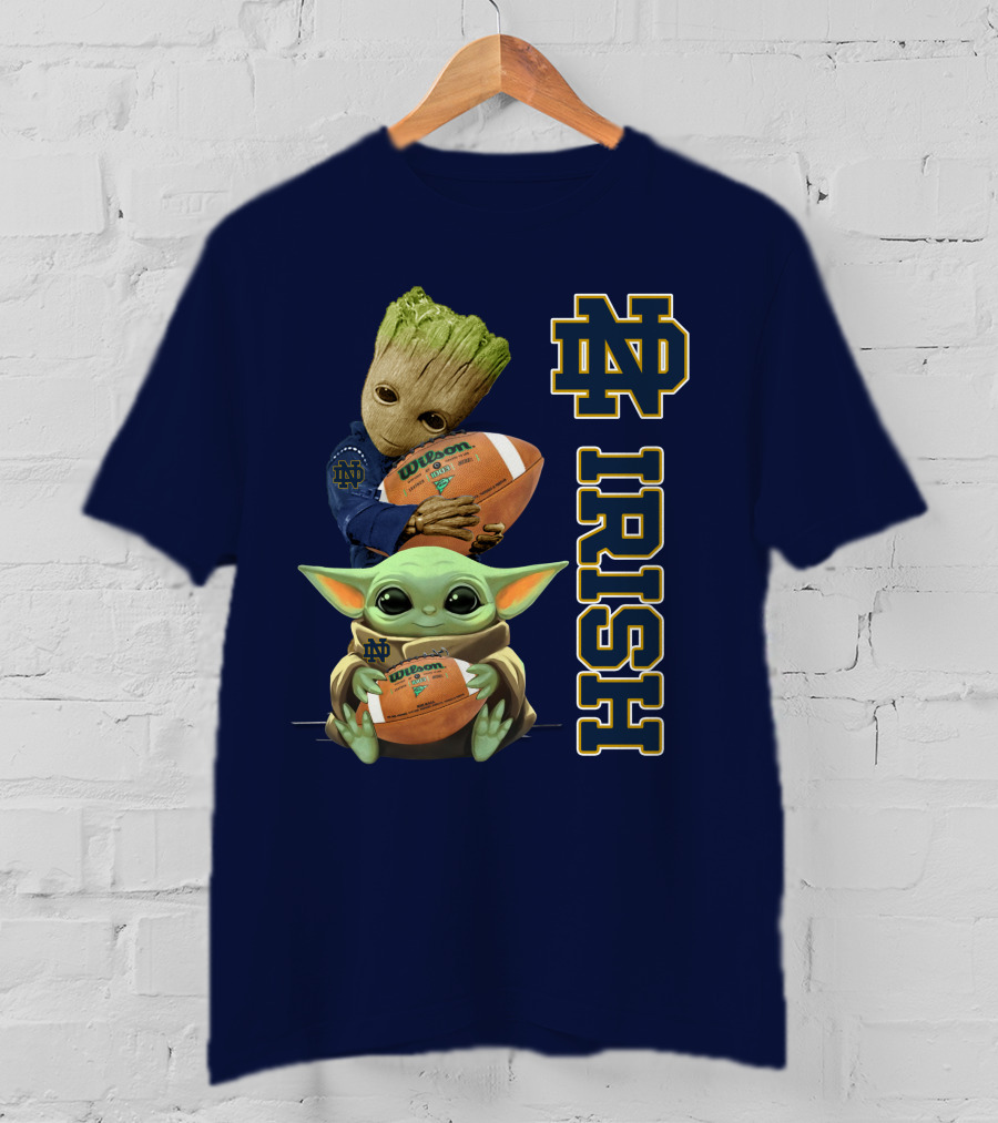 Notre Dame Irish Groot And Baby Yoda Holding Wilson Football T-Shirt