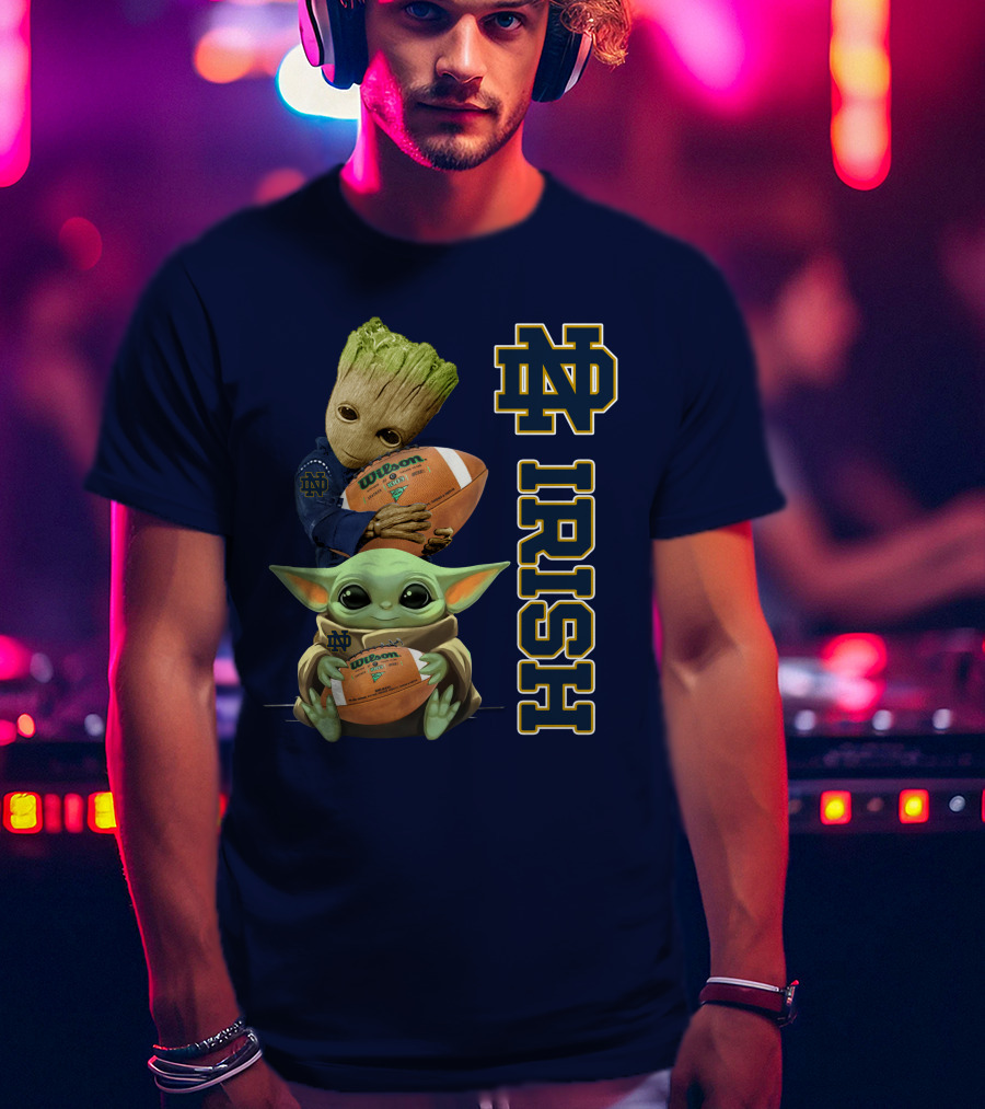 Notre Dame Irish Groot And Baby Yoda Holding Wilson Football T-Shirt
