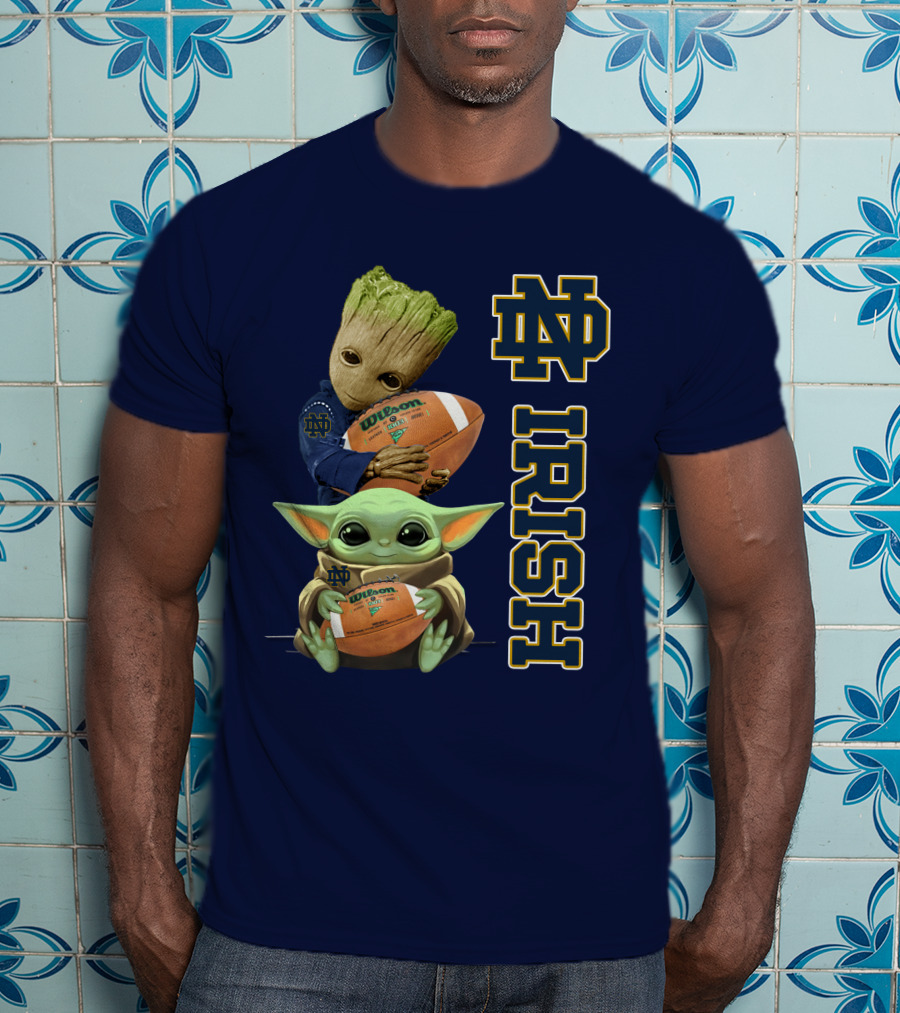 Notre Dame Irish Groot And Baby Yoda Holding Wilson Football T-Shirt