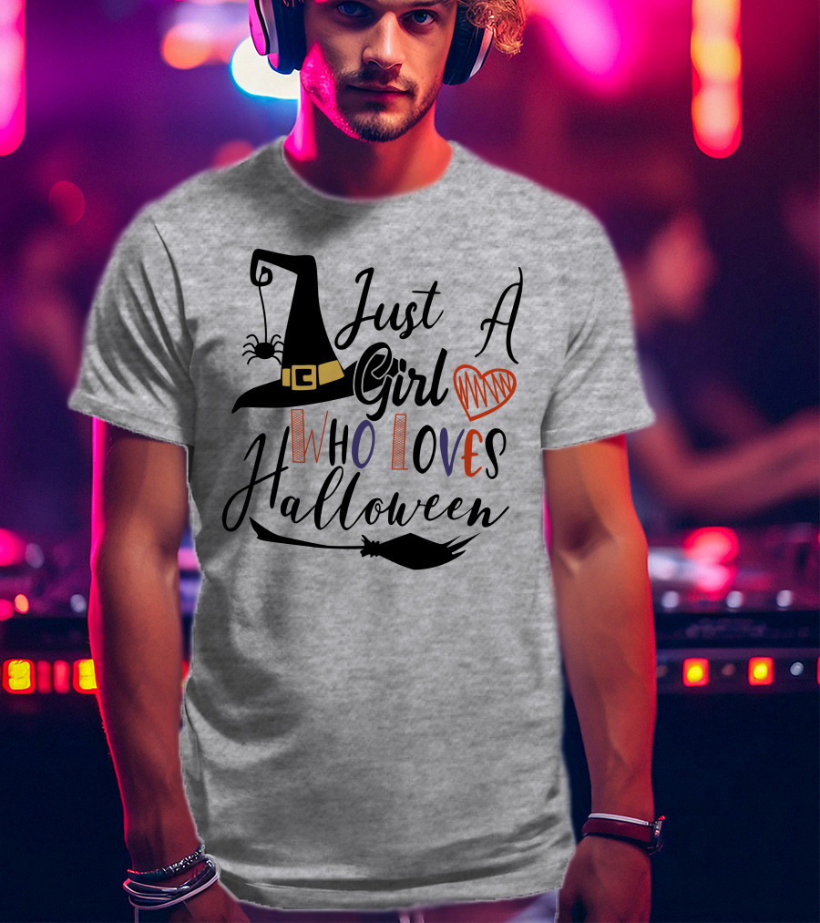 Just A Girl Who Loves Halloween Witch Hat And Broom With Spider And Heart T-Shirt