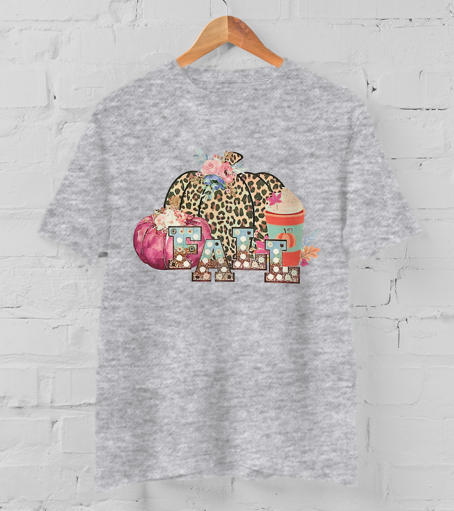 FALL Leopard Print Pumpkin With Coffee Latte And Flowers T-Shirt