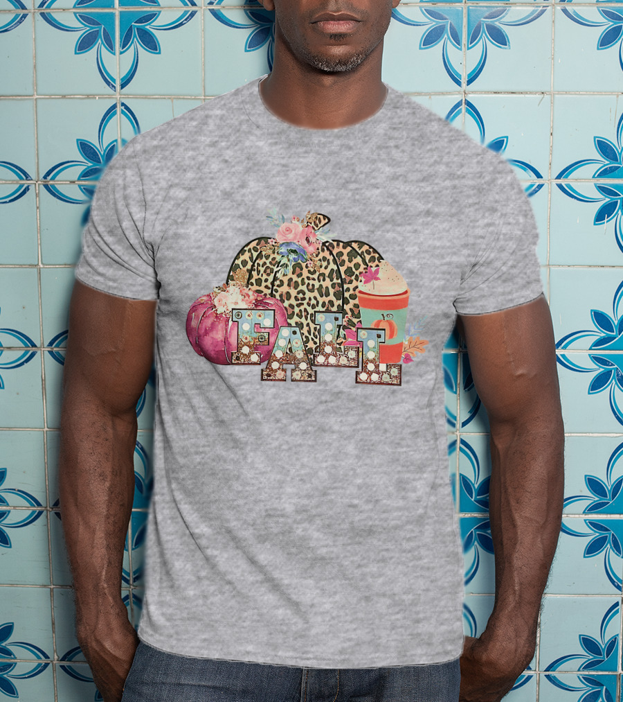 FALL Leopard Print Pumpkin With Coffee Latte And Flowers T-Shirt