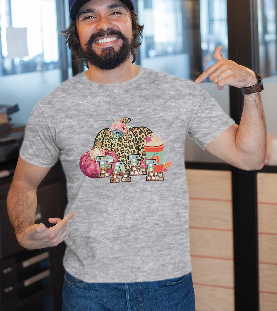 FALL Leopard Print Pumpkin With Coffee Latte And Flowers T-Shirt