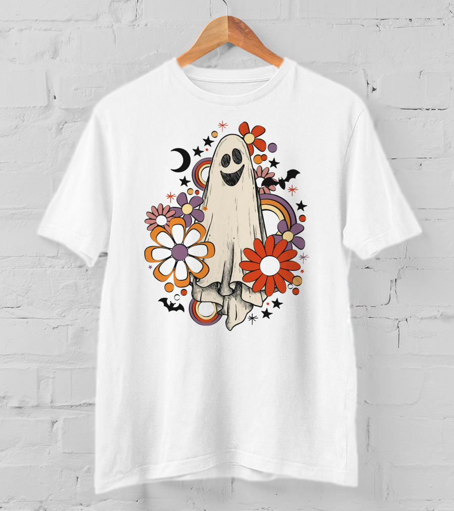 Retro Halloween Ghost With Flowers And Bats T-Shirt