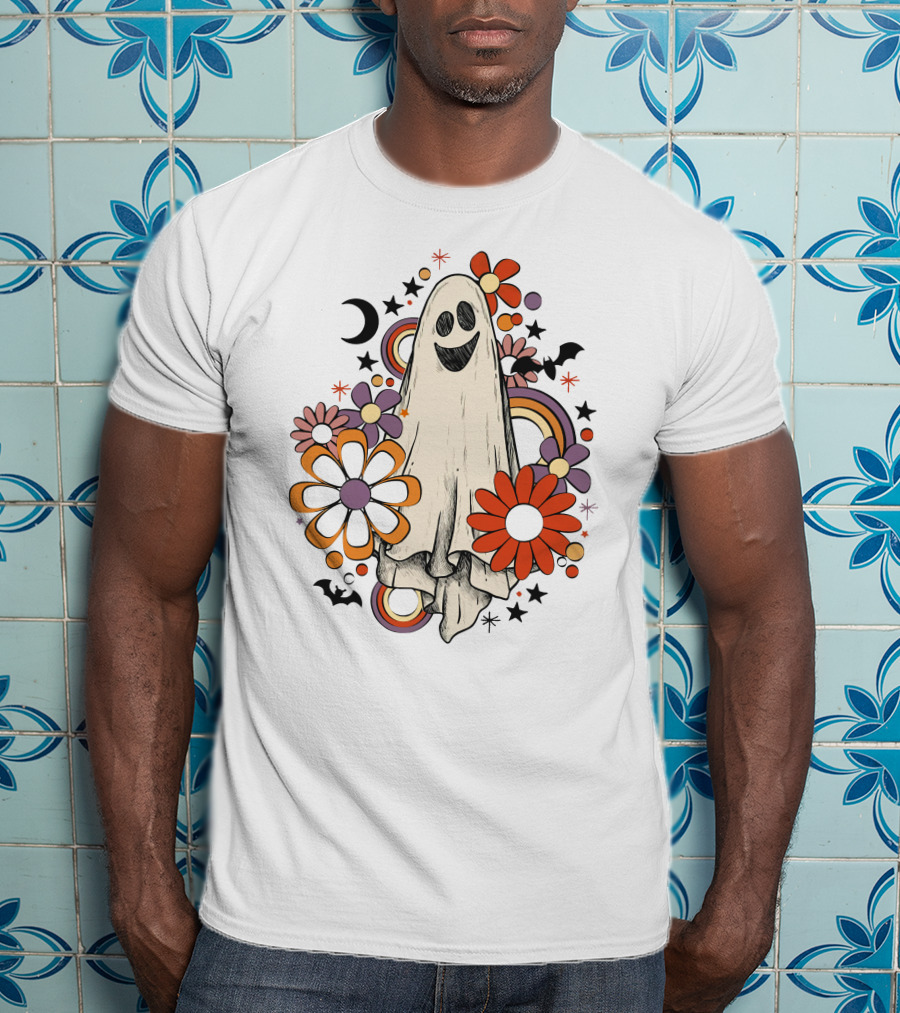 Retro Halloween Ghost With Flowers And Bats T-Shirt