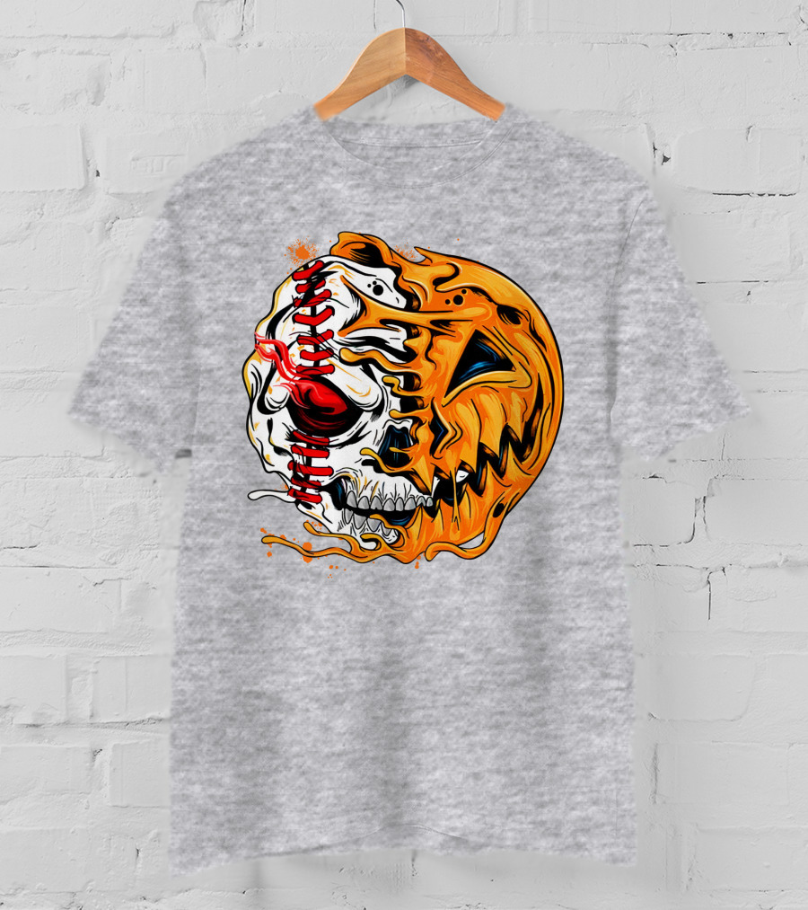 Baseball Pumpkin Skull Halloween Fusion T-Shirt
