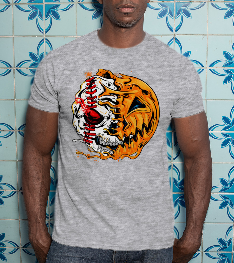 Baseball Pumpkin Skull Halloween Fusion T-Shirt