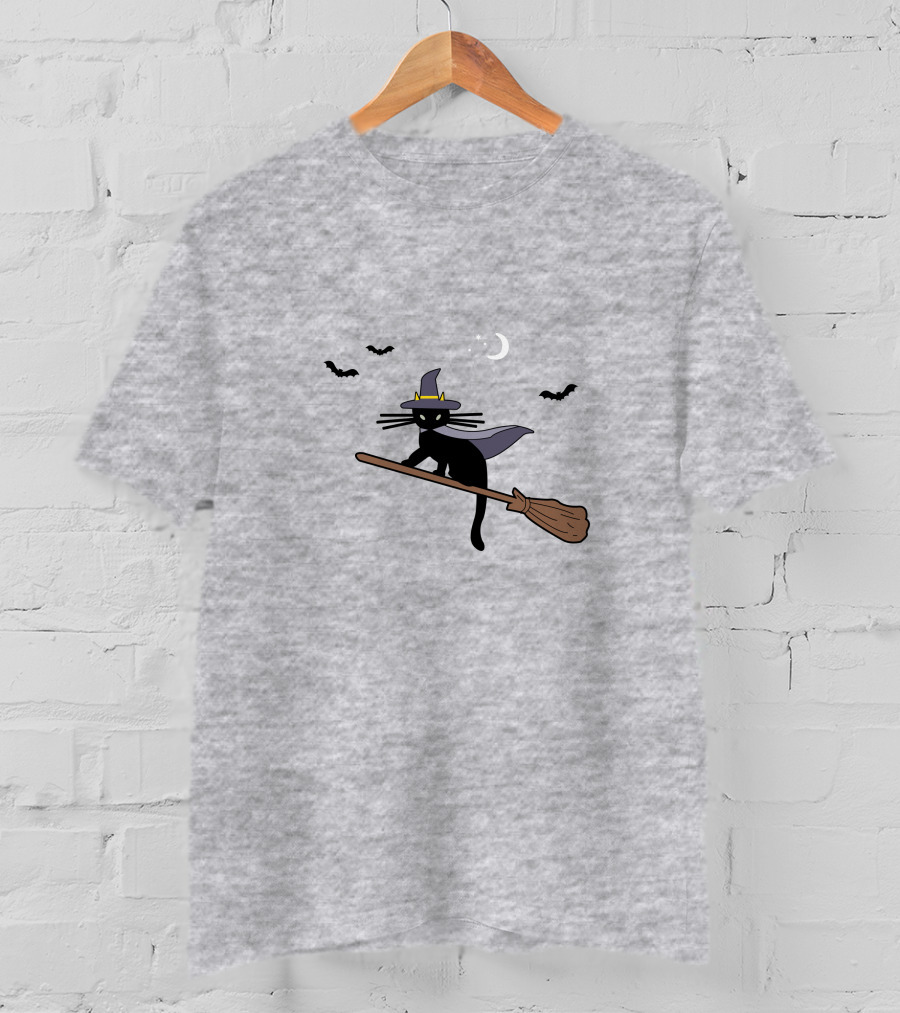 Black Cat Halloween Hocus Pocus Magic Broomstick Bat Lover T-Shirt