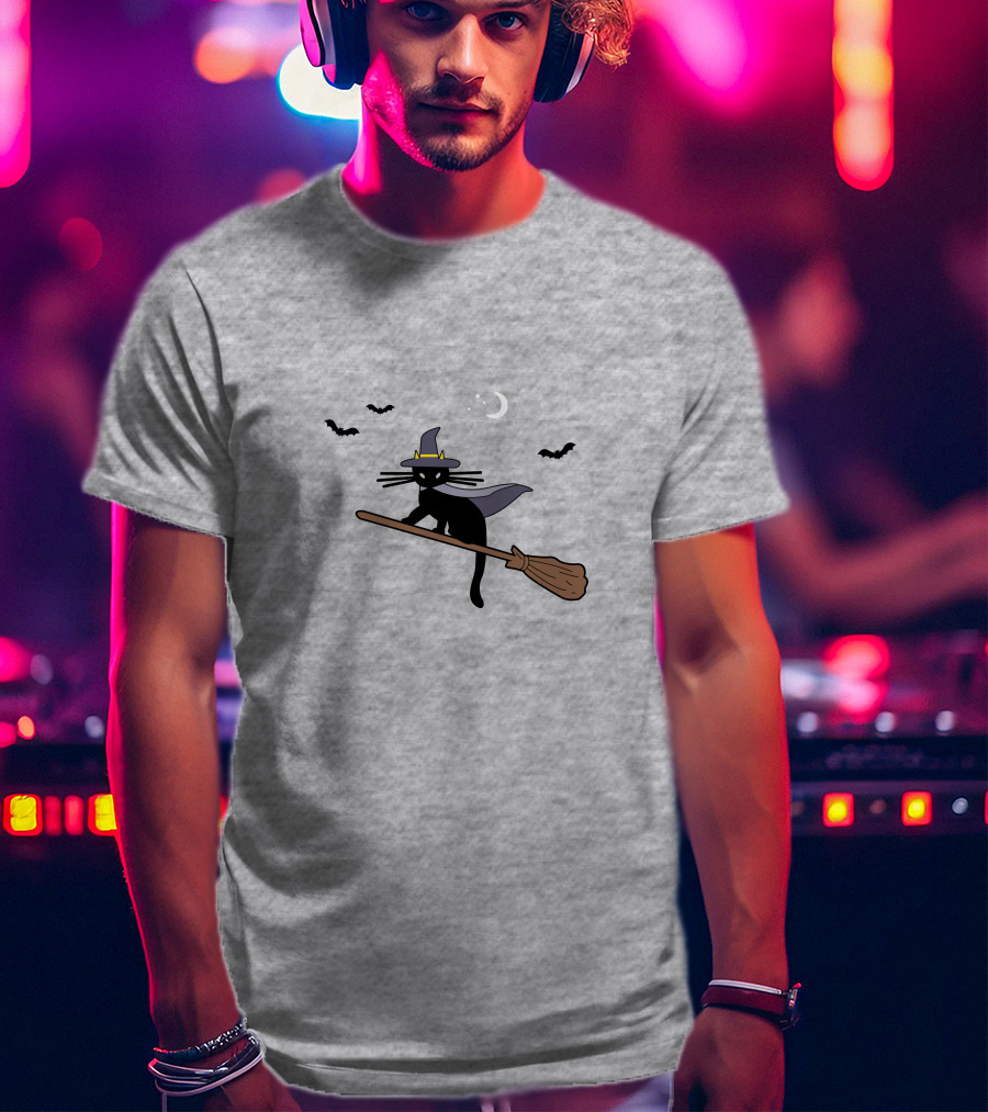 Black Cat Halloween Hocus Pocus Magic Broomstick Bat Lover T-Shirt