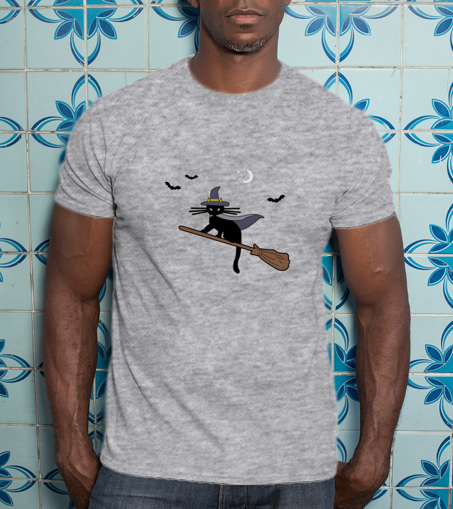 Black Cat Halloween Hocus Pocus Magic Broomstick Bat Lover T-Shirt