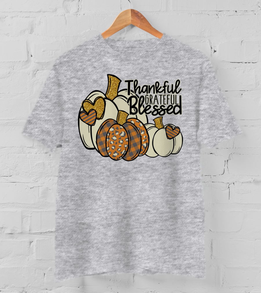 Thankful Grateful Blessed Leopard Pumpkin Thanksgiving T-Shirt