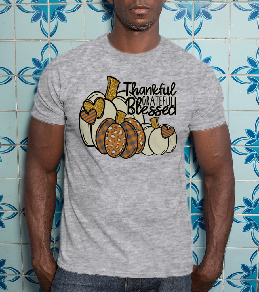 Thankful Grateful Blessed Leopard Pumpkin Thanksgiving T-Shirt