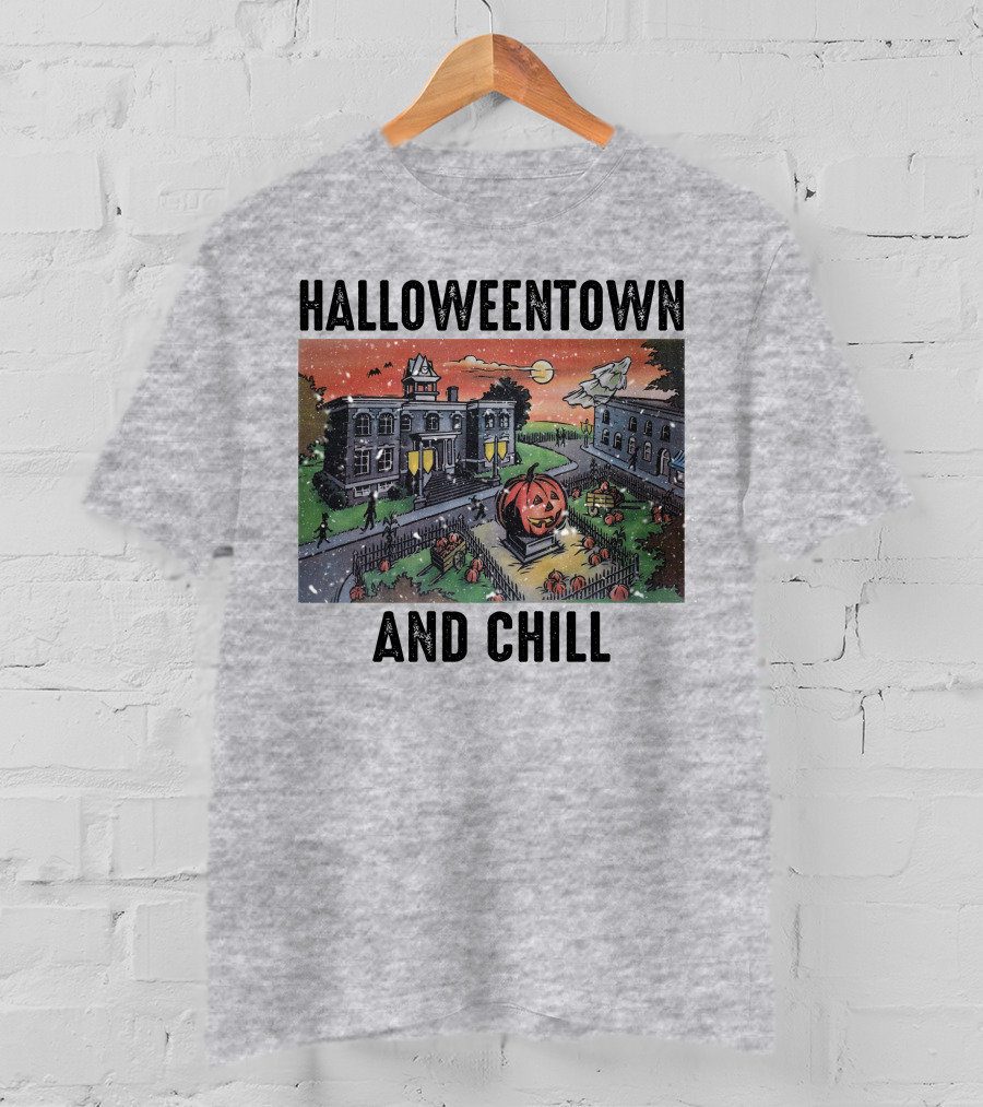 Halloweentown And Chill Spooky Town Scene With Lit Pumpkin Statue T-Shirt