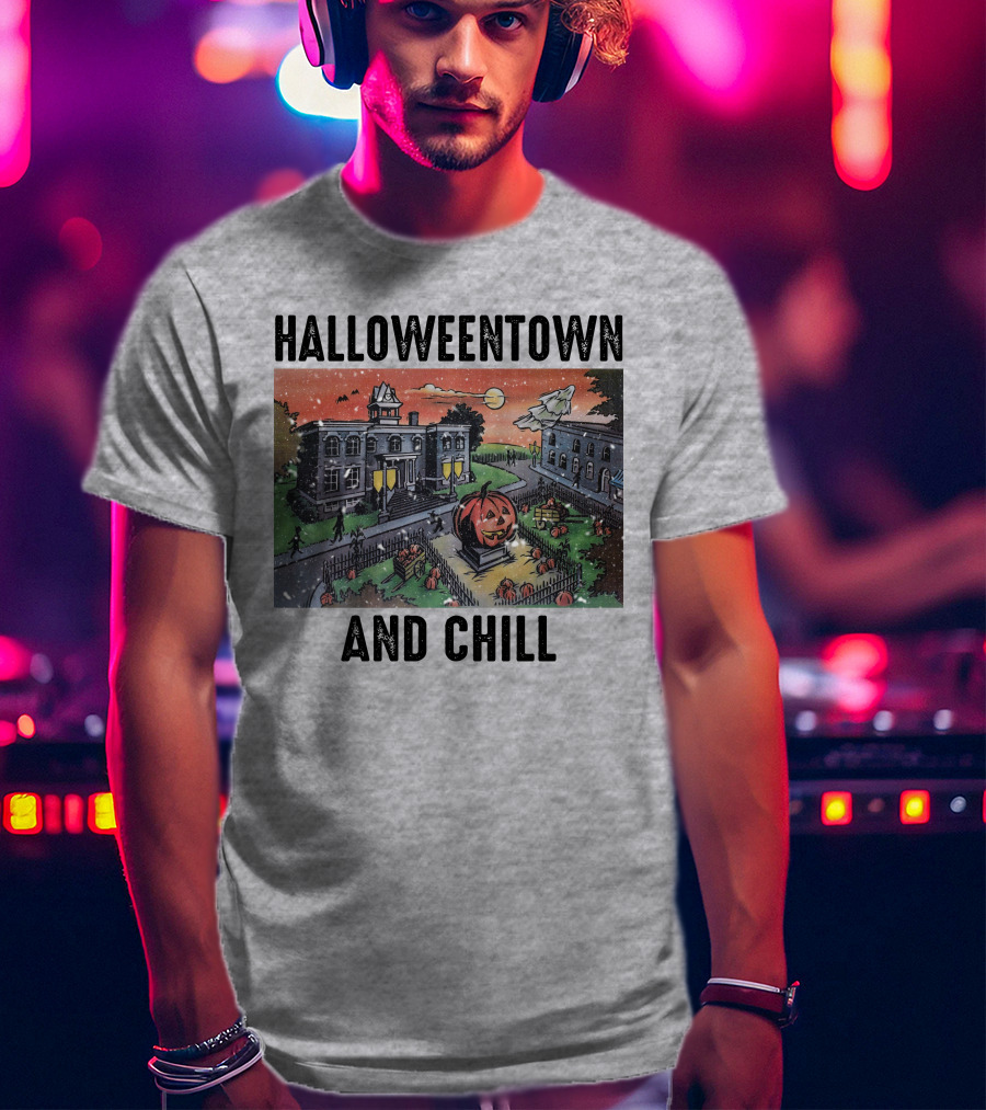 Halloweentown And Chill Spooky Town Scene With Lit Pumpkin Statue T-Shirt