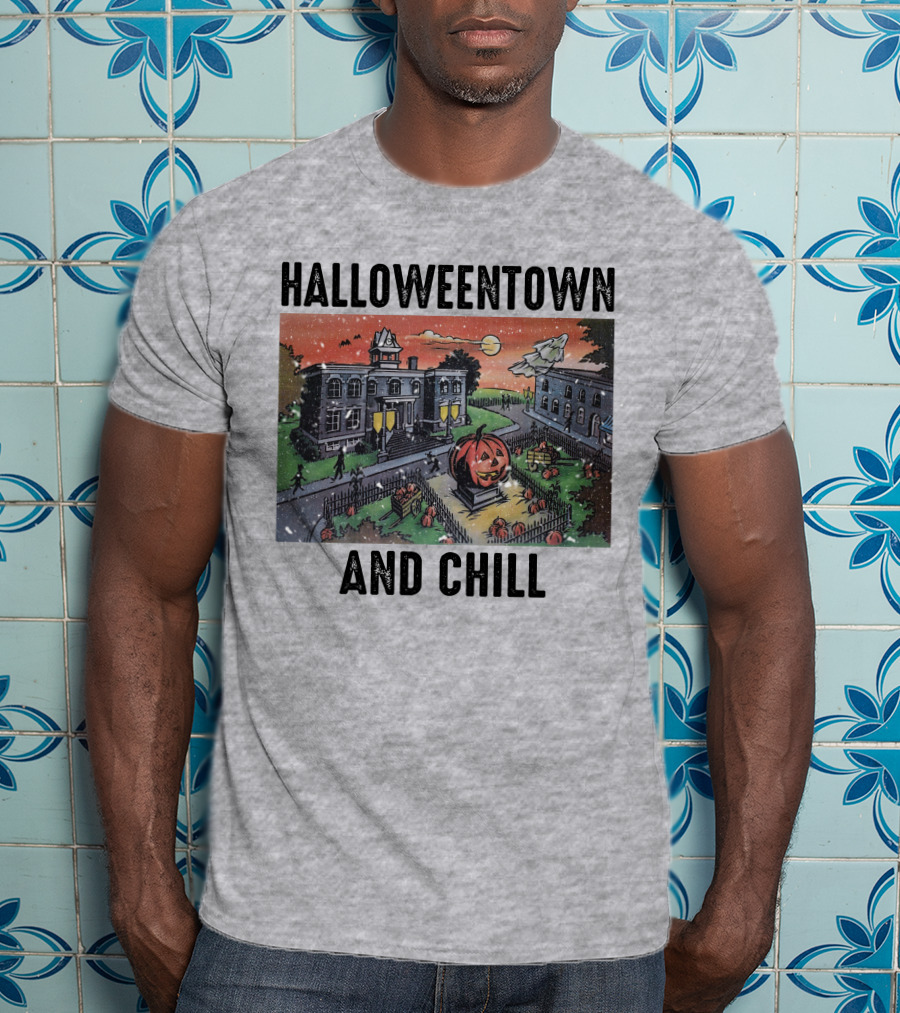 Halloweentown And Chill Spooky Town Scene With Lit Pumpkin Statue T-Shirt