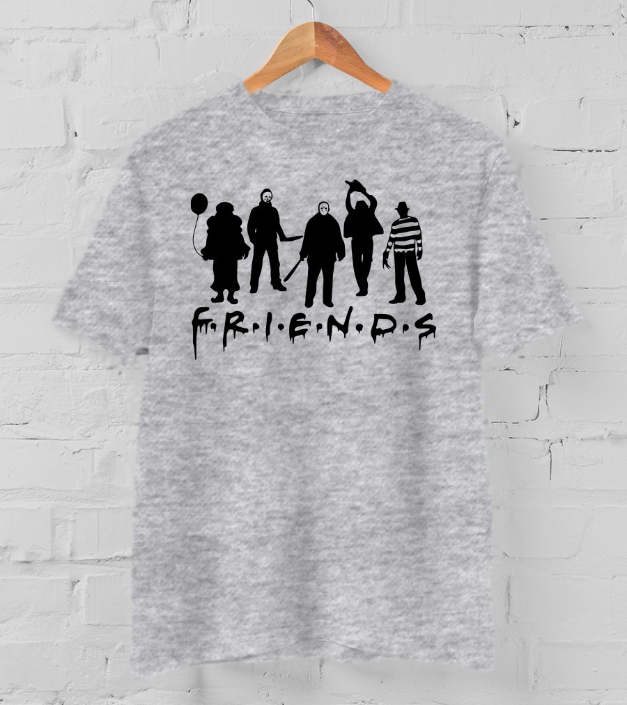 F.R.I.E.N.D.S Halloween Horror Movie Characters With Balloon And Stripes T-Shirt