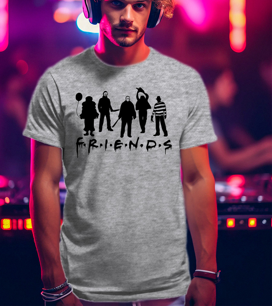 F.R.I.E.N.D.S Halloween Horror Movie Characters With Balloon And Stripes T-Shirt