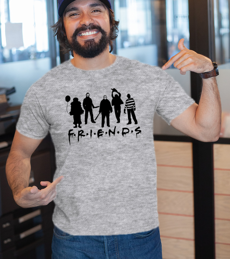 F.R.I.E.N.D.S Halloween Horror Movie Characters With Balloon And Stripes T-Shirt