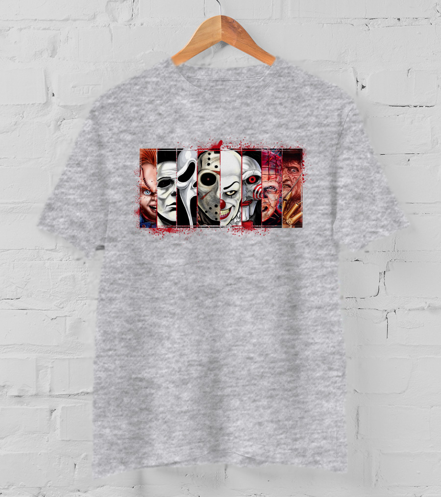 Chucky Ghostface Jason Voorhees Pennywise Jigsaw Pinhead Freddy Krueger Horror Movie Characters T-Shirt